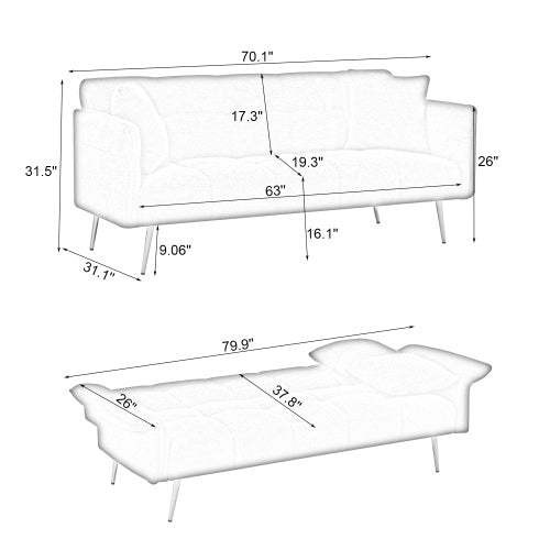 70.1 Inches Futon Sofa Bed, Convertible Double Sofa Bed With Folding