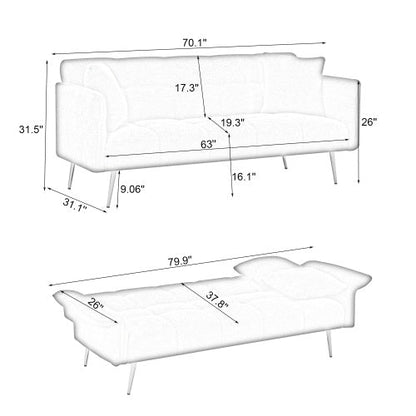 70.1 Inches Futon Sofa Bed, Convertible Double Sofa Bed With Folding