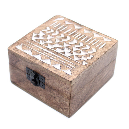 White Washed Wooden Box - Aztec Design Small