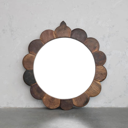 35-Inch Round Scalloped Natural Wall Mirror with Vintage Reclaimed