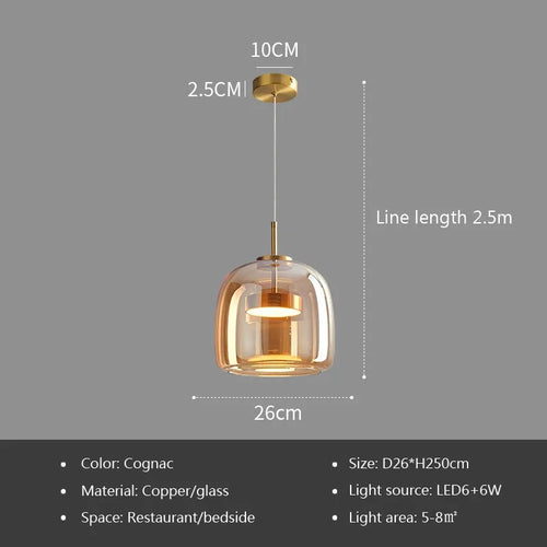 Modern LED Glass Pendant Light Amber Hanging glass Lamp For Dining