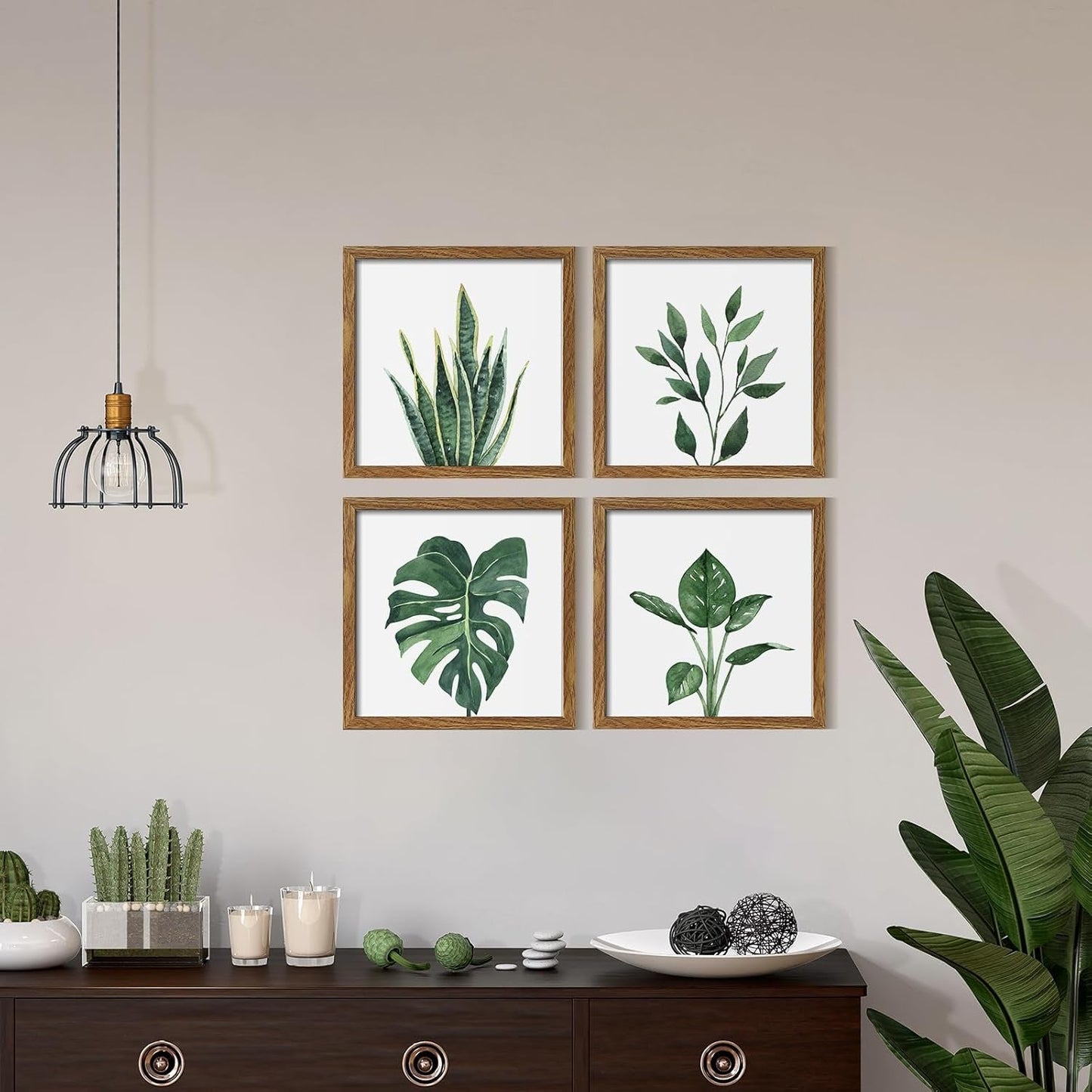 Framed Bathroom Wall Art Set of 4 for Botanical Wall Decor Green Plant